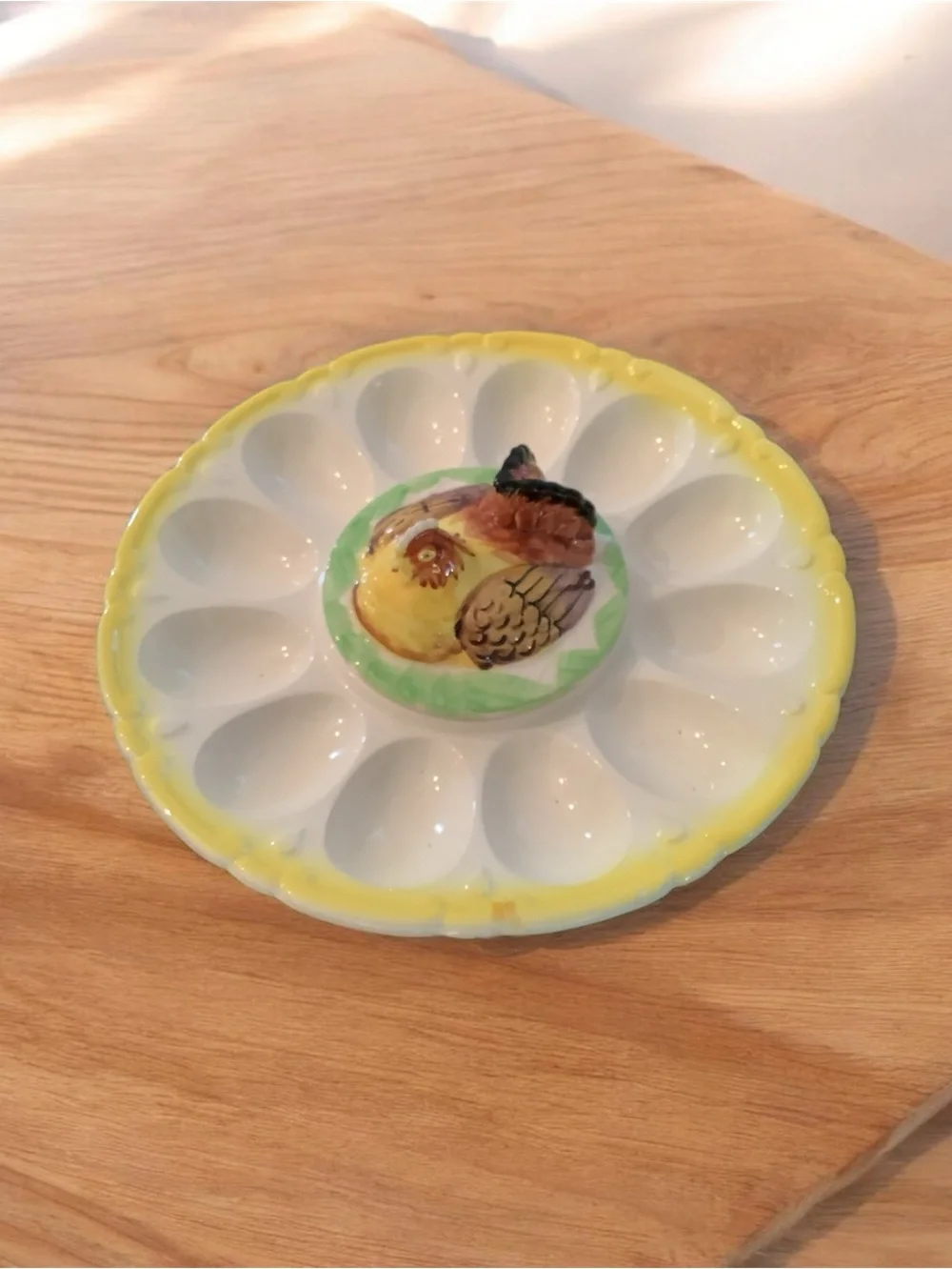 Vintage deviled egg stand with hen toothpick holder